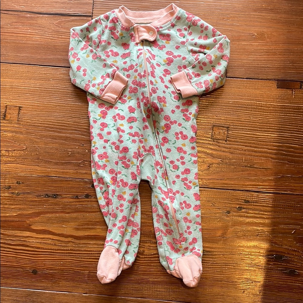 🇮🇳 BURTS BEES Organic Cotton 3-6 Months Pink Green Floral Sleeper Onesie Zipper